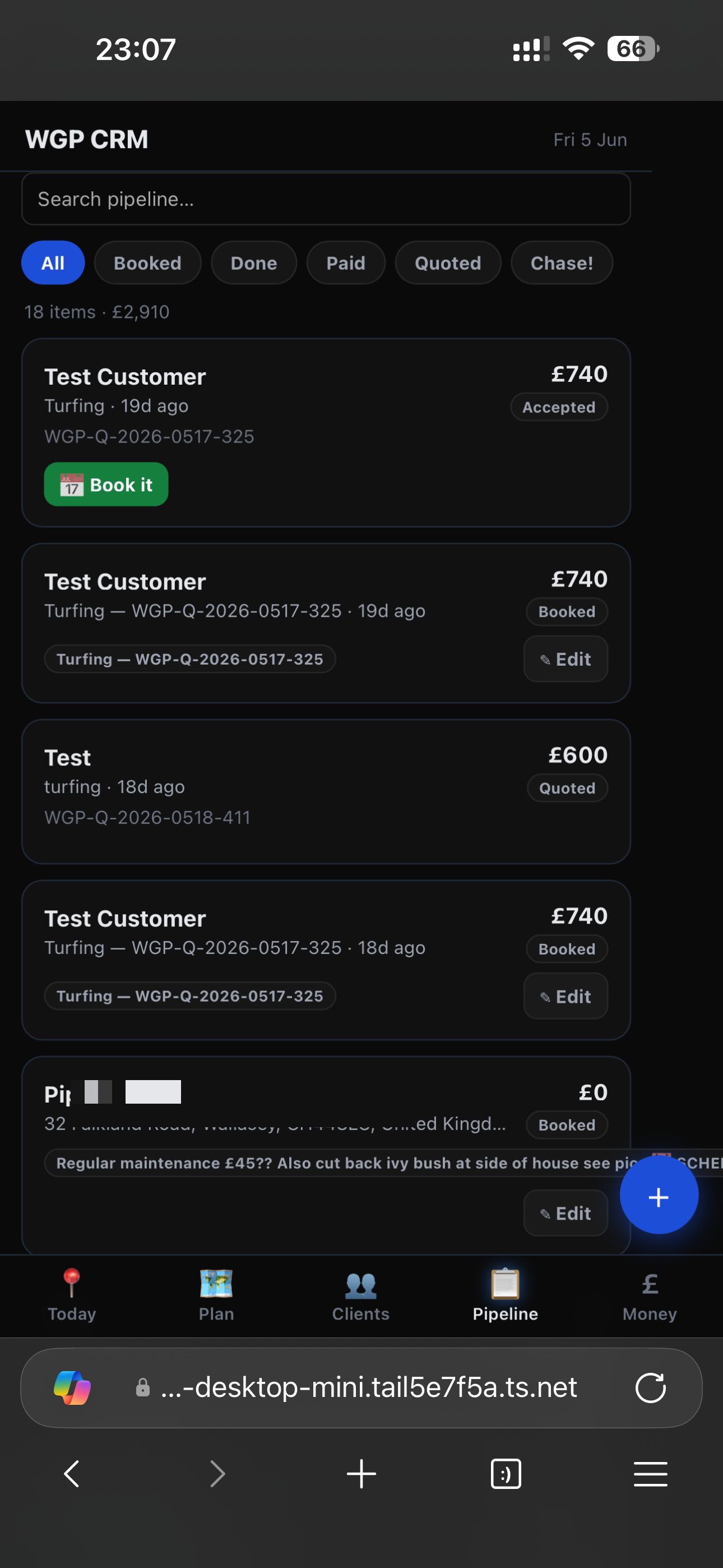 Pipeline — track quoted, booked, and paid jobs